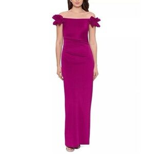 Xscape Off the Shoulder ruffle dress fuschia